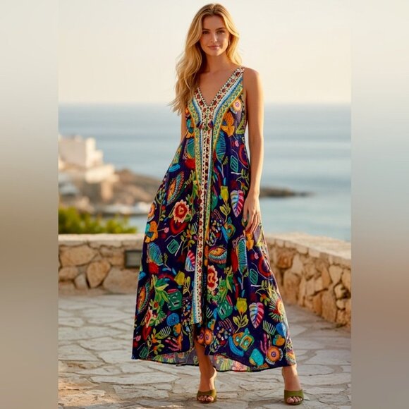 Johnny Was Dresses & Skirts - Johnny Was Eva Printed Farout Vibrant Womens Floral Maxi Scarf Dress Size S NWT